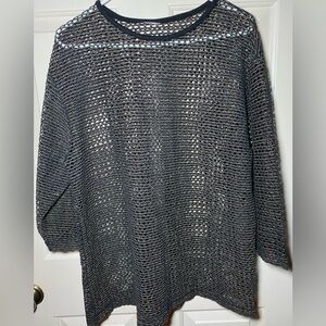 Women’s‎ Open Knit Mesh Sweater Black Metallic Gold Pullover L